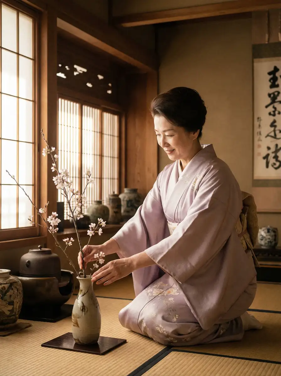 一位优雅的 草莓视频app，草莓视频app深夜释放自己成人 在和室中插花